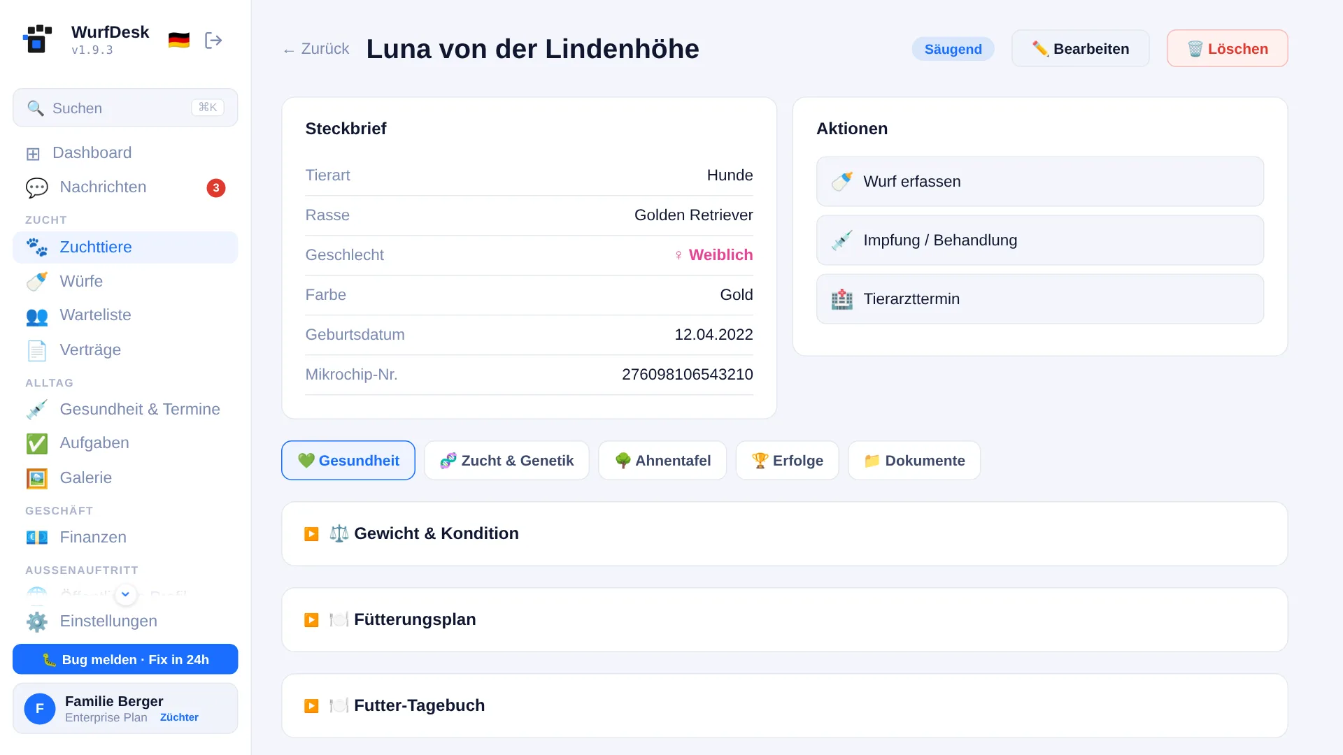 Tier-Detailseite mit Steckbrief und Aktionen