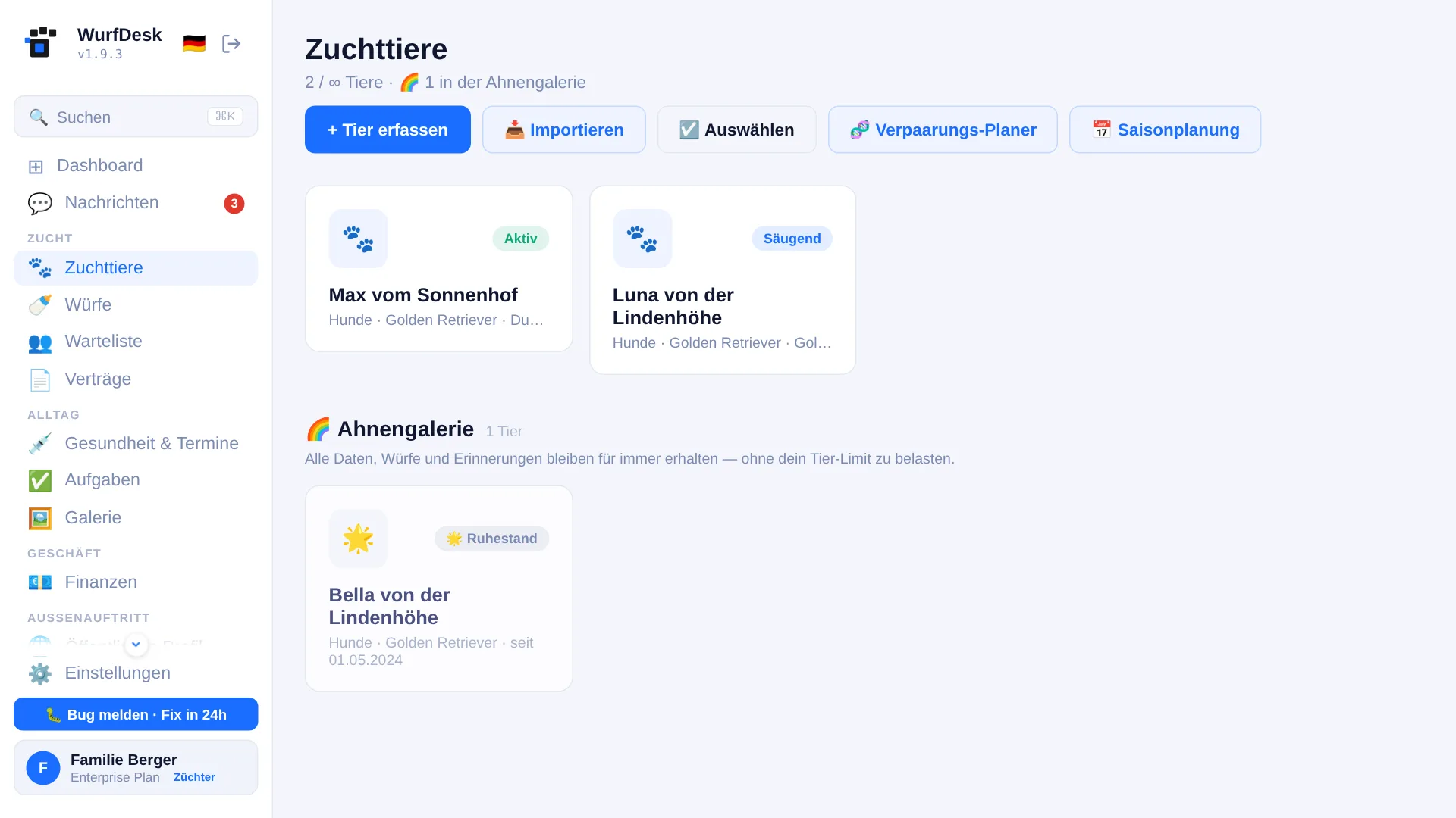 Zuchttier-Übersicht mit Status und Ahnengalerie