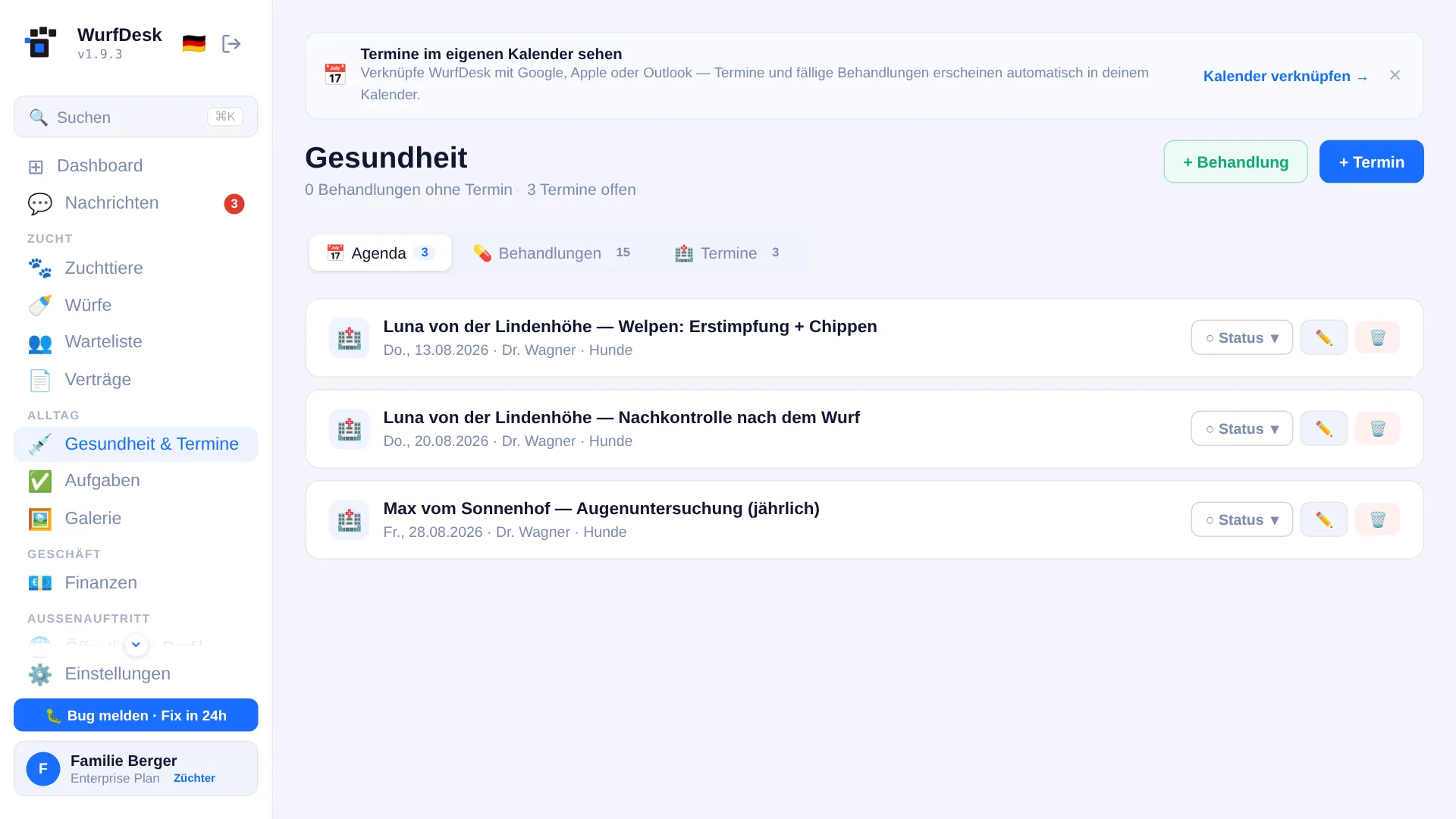 Gesundheits-Agenda mit Terminen und Behandlungen