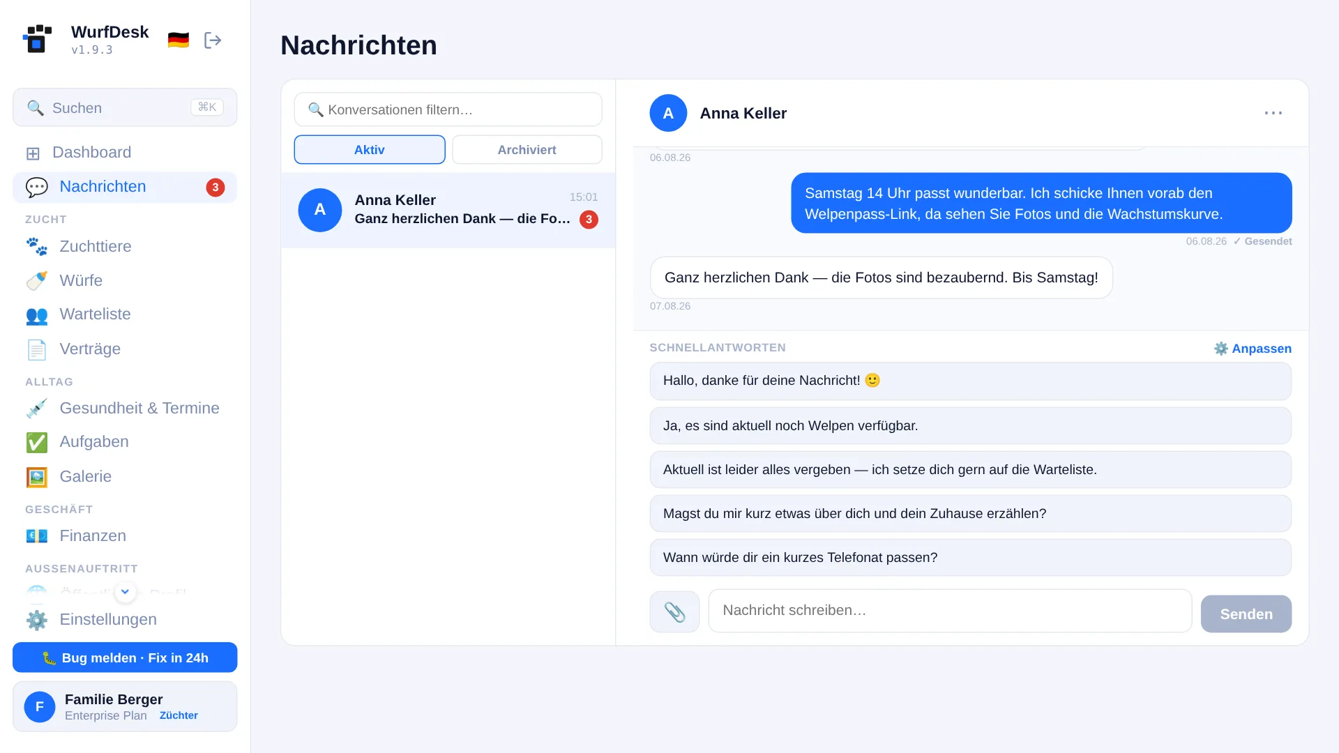 Chat zwischen Züchterin und Interessentin in WurfDesk