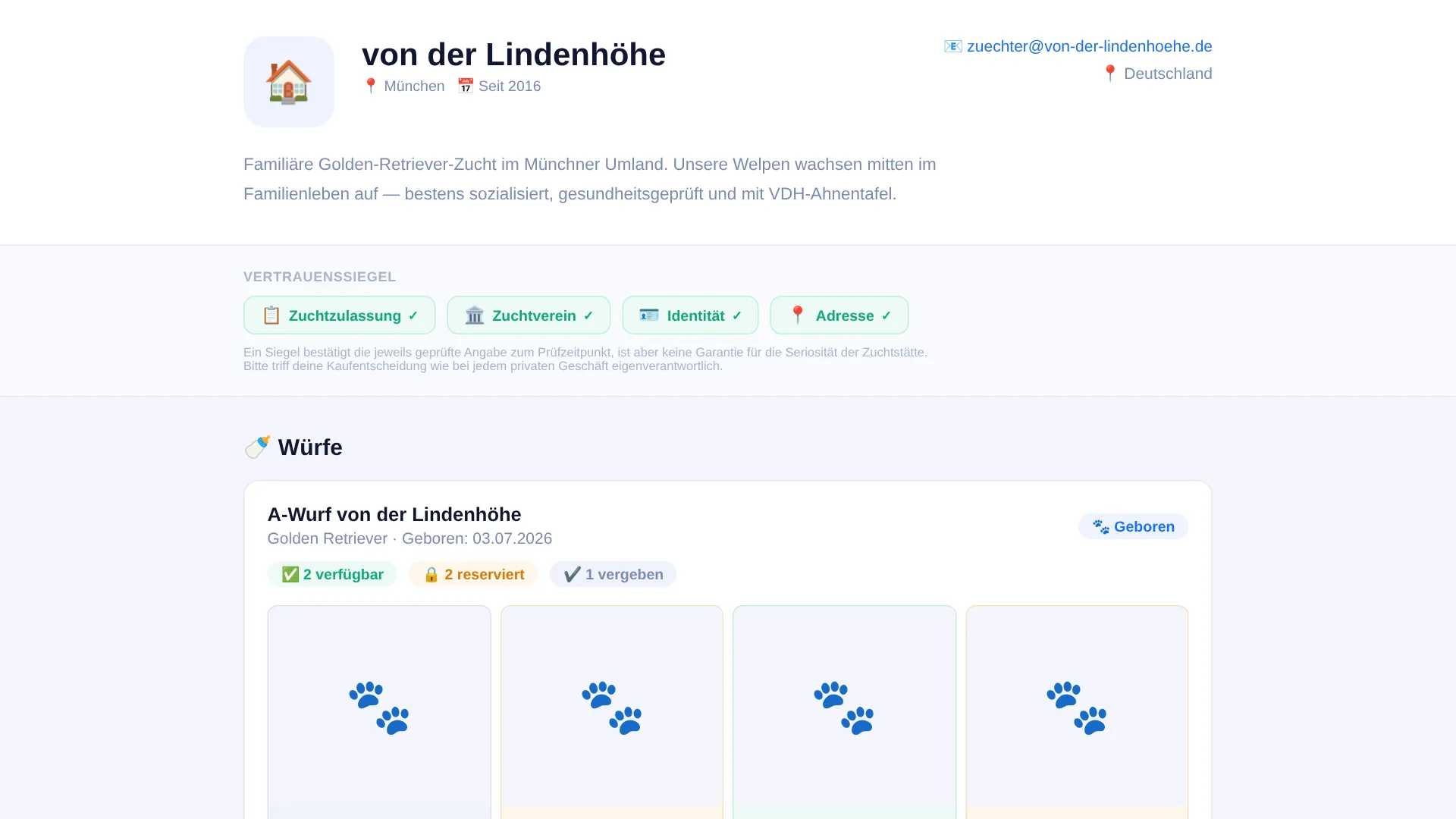 Öffentliches Züchterprofil auf WurfDesk mit Zwinger-Vorstellung, Vertrauenssiegeln und aktuellem Wurf