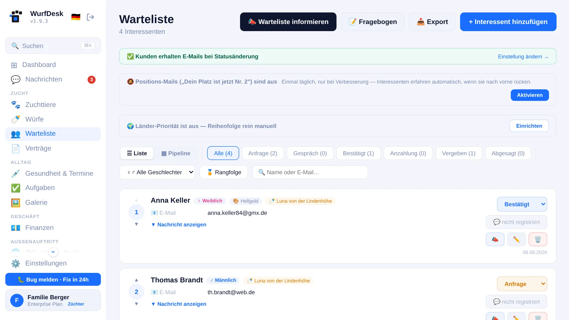 Wartelisten-Verwaltung mit Interessenten-Status in WurfDesk