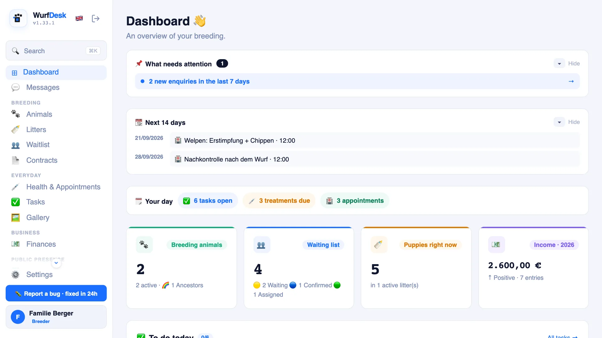 WurfDesk dashboard — litters, tasks and finances at a glance