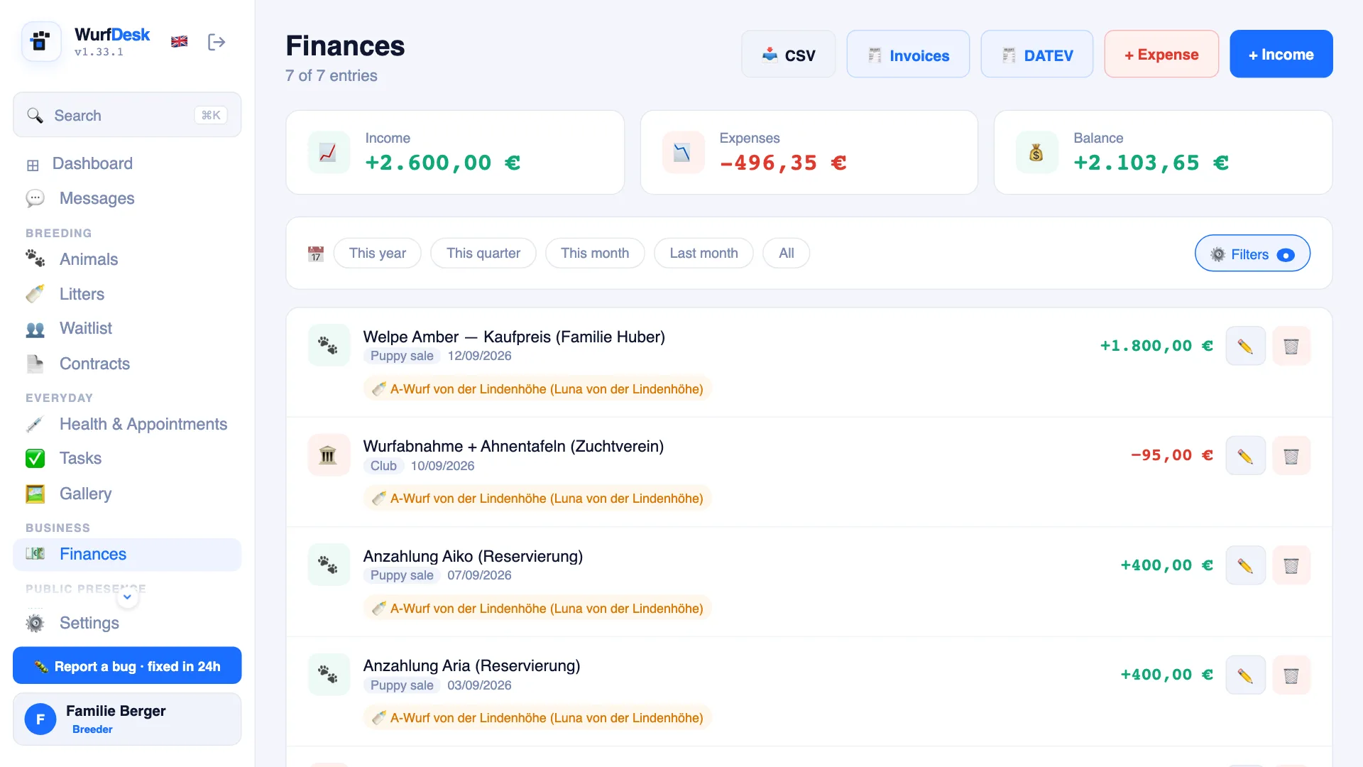 Finance overview with income, expenses and receipts