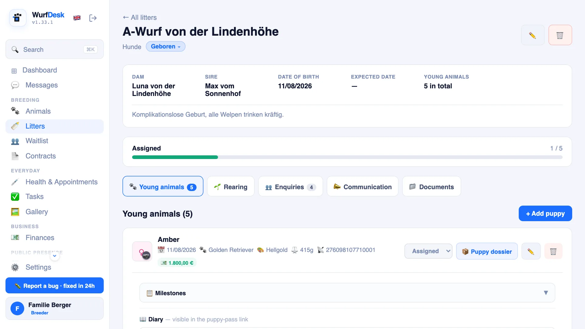 Bird Breeder Software — Wurf-Verwaltung mit Welpen und Wachstumskurven in WurfDesk