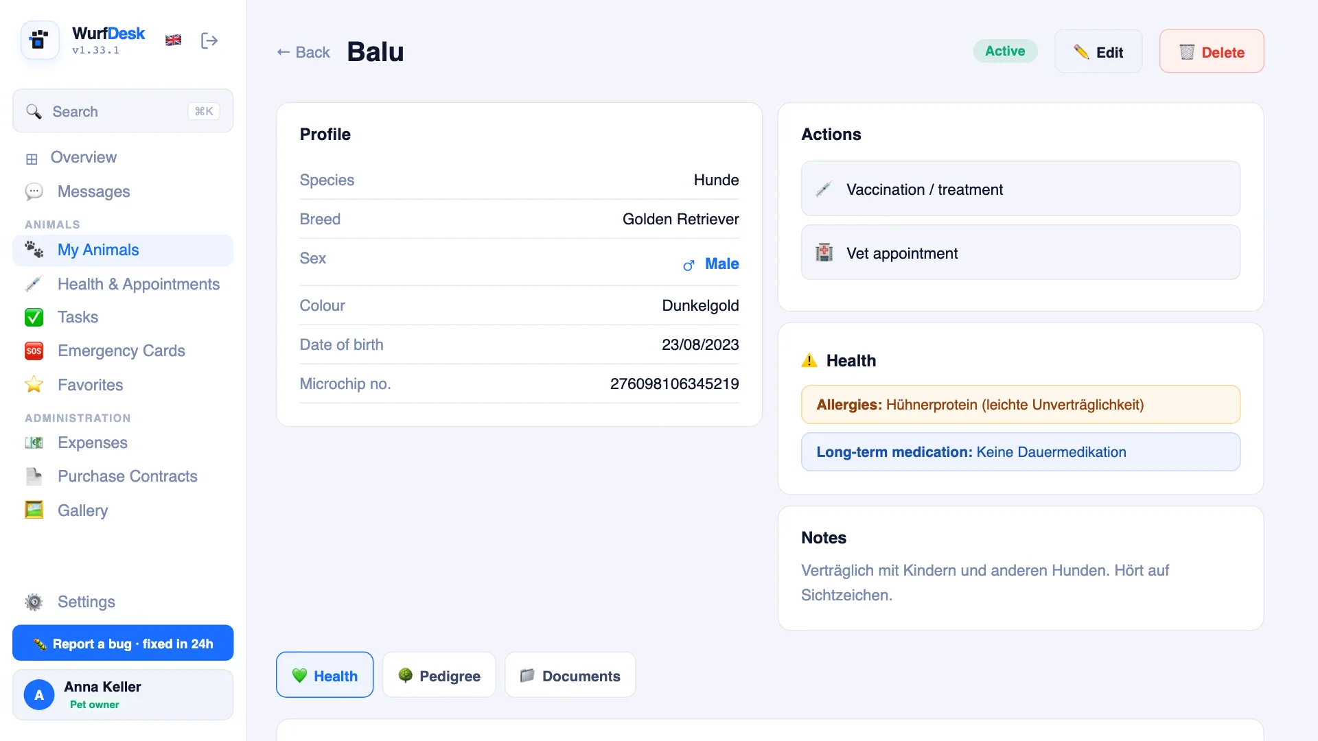 Animal profile with health file, vaccinations and weight curve in WurfDesk