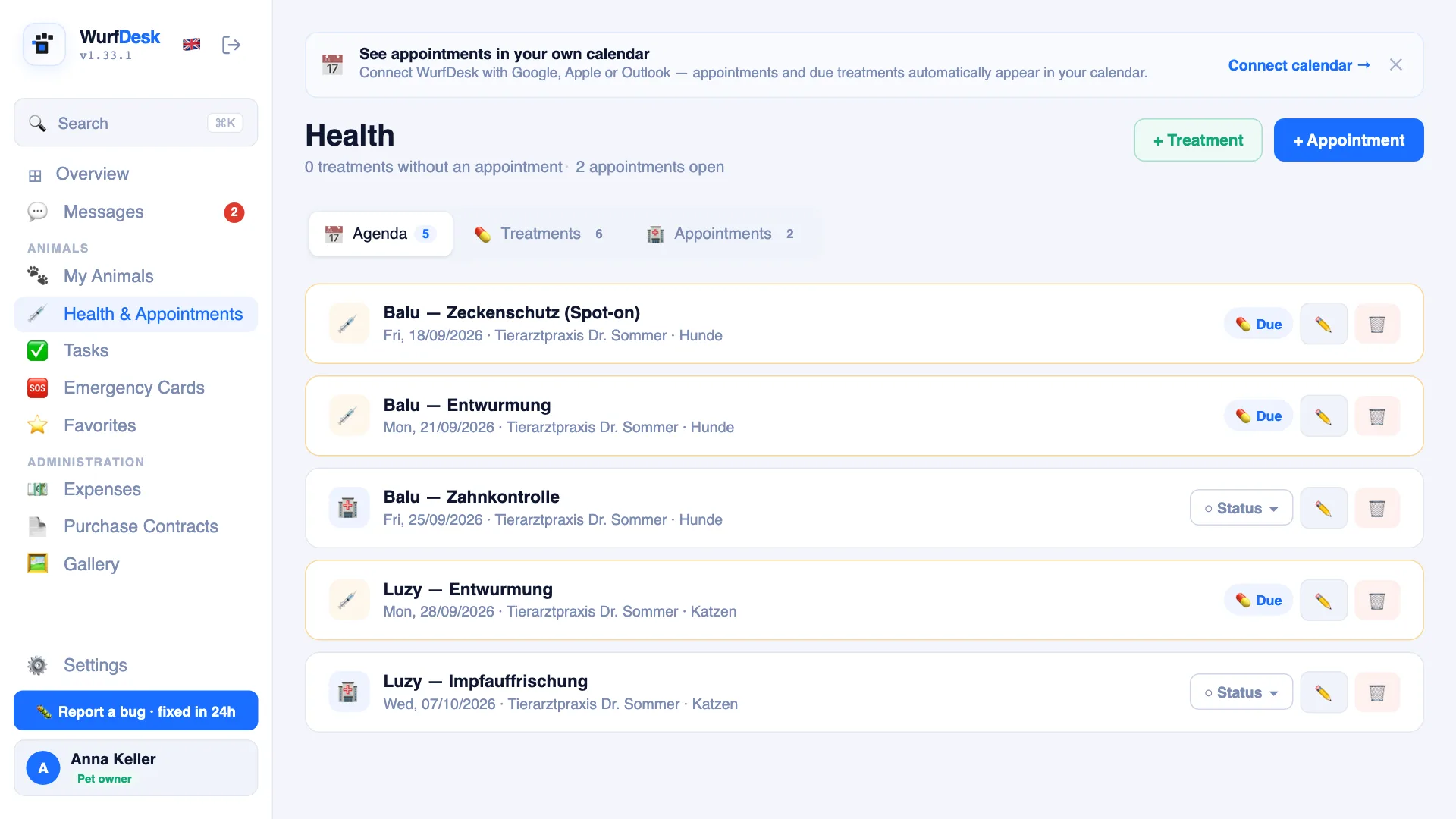 Health overview of a pet owner account in WurfDesk: upcoming vet appointments for a dog and a cat