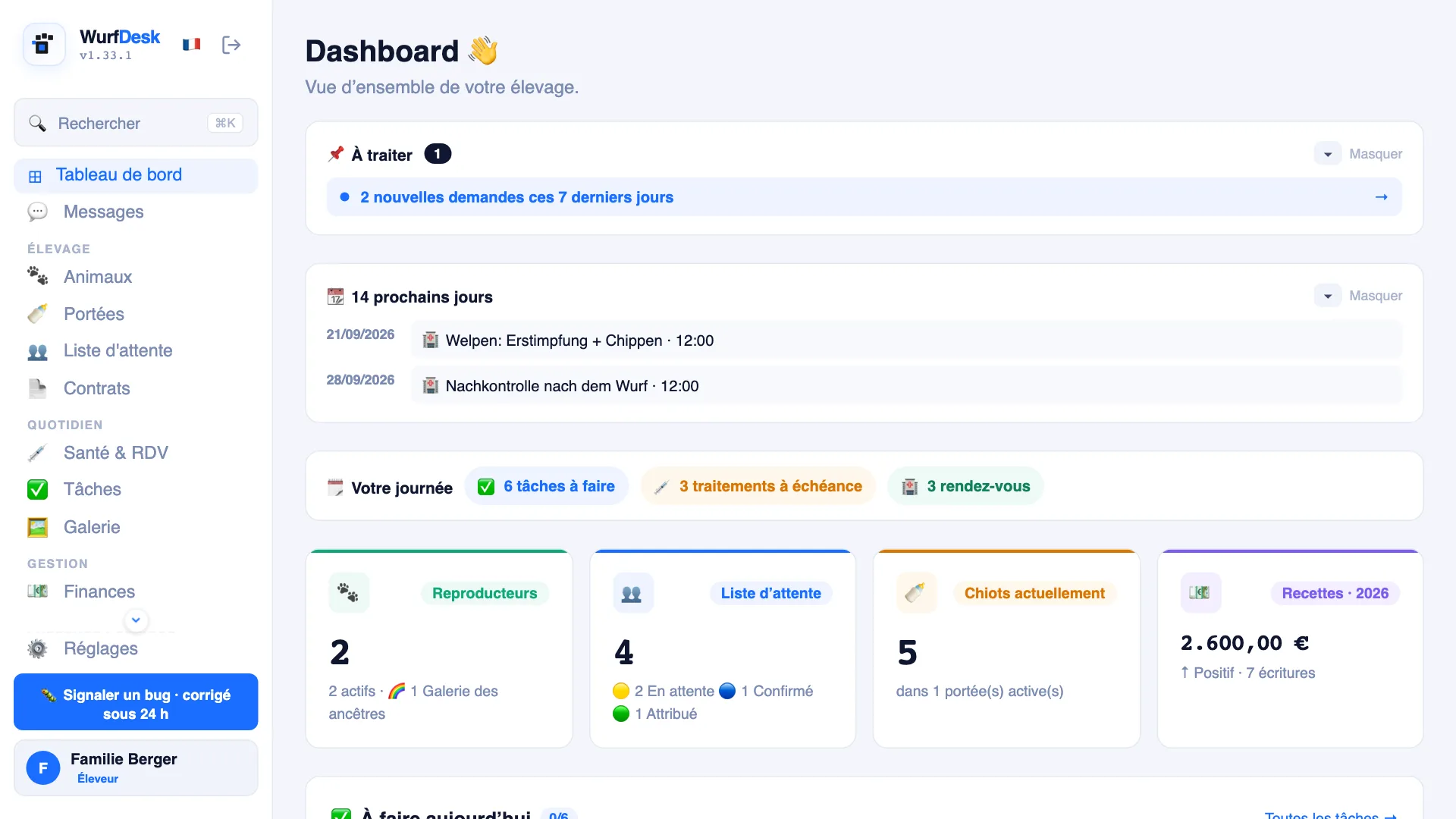 Tableau de bord WurfDesk — portées, tâches et finances en un coup d’œil