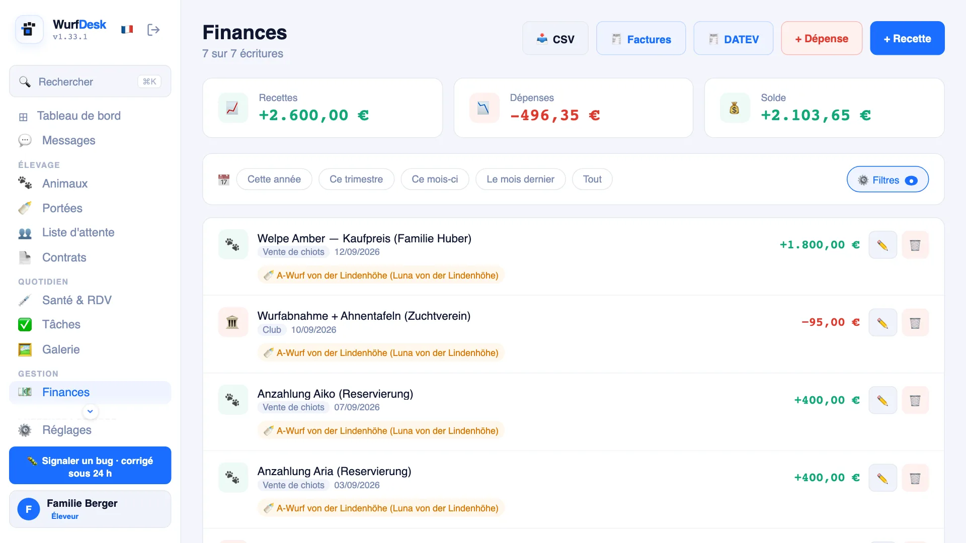 Aperçu financier avec recettes, dépenses et justificatifs
