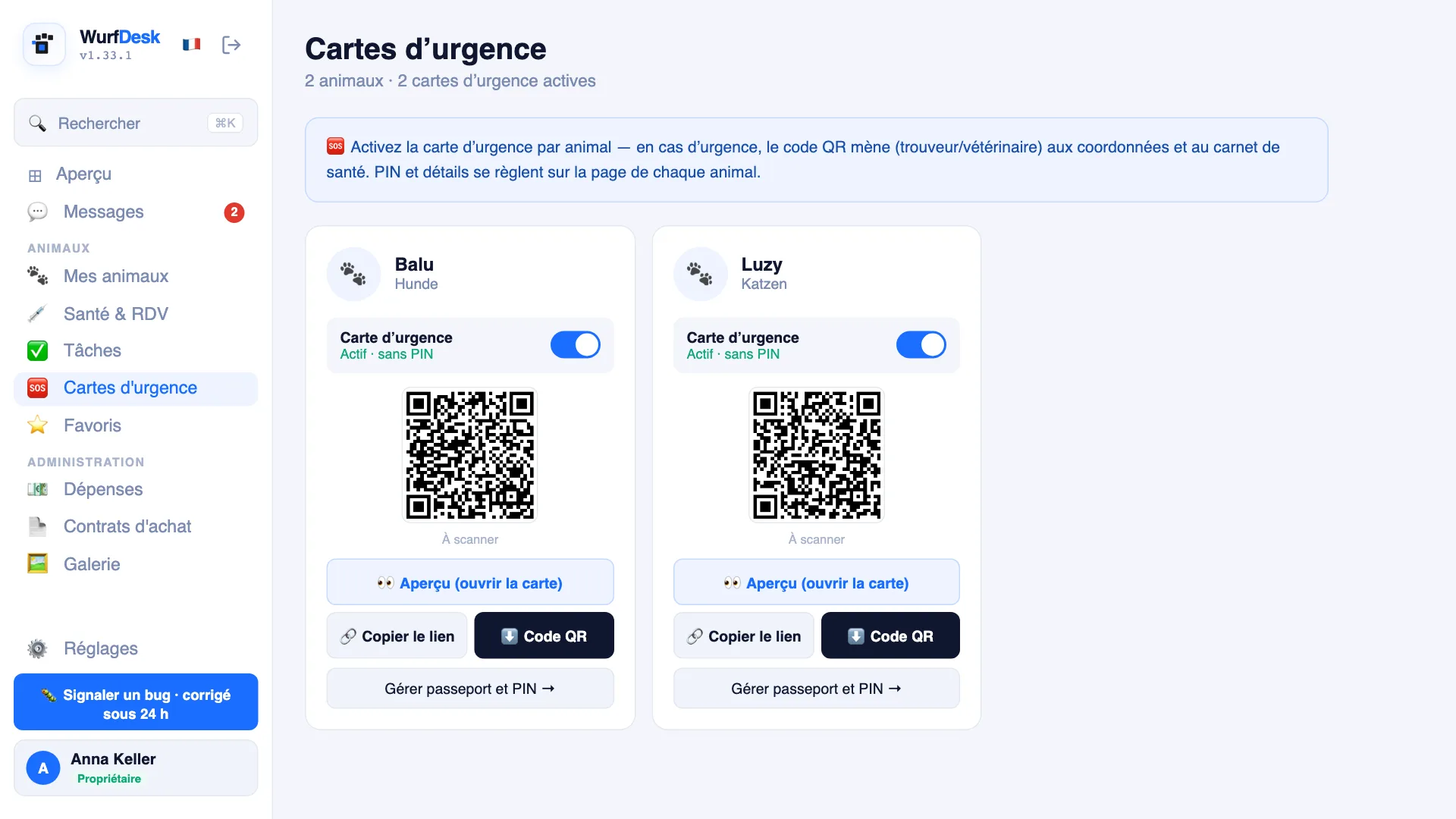 Cartes d’urgence activées avec QR codes pour un chien et un chat