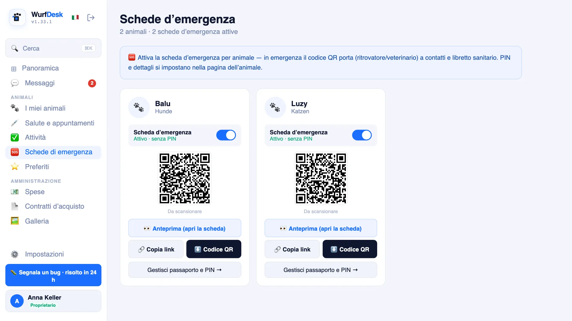 Schede di emergenza attivate con QR code per un cane e un gatto