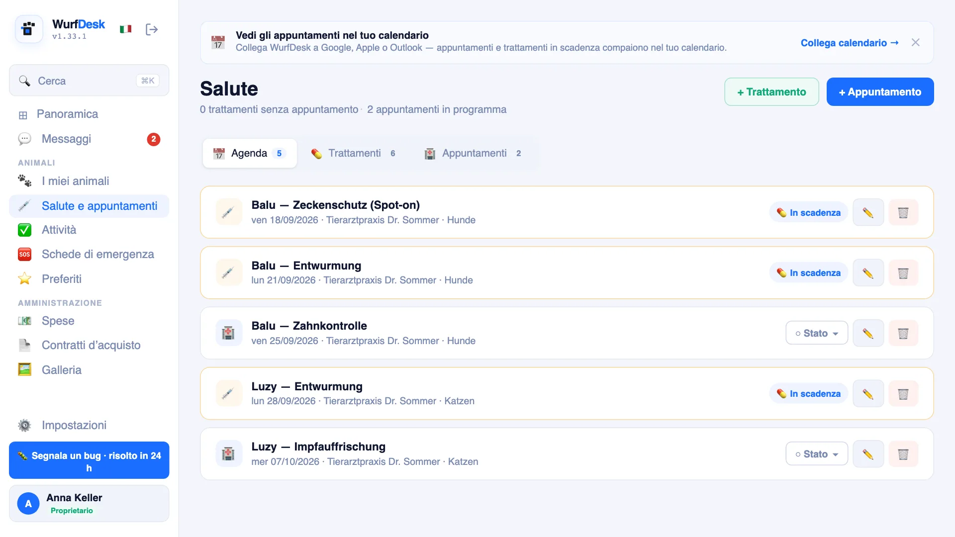 Panoramica salute di un account proprietario in WurfDesk: prossimi appuntamenti veterinari per un cane e un gatto