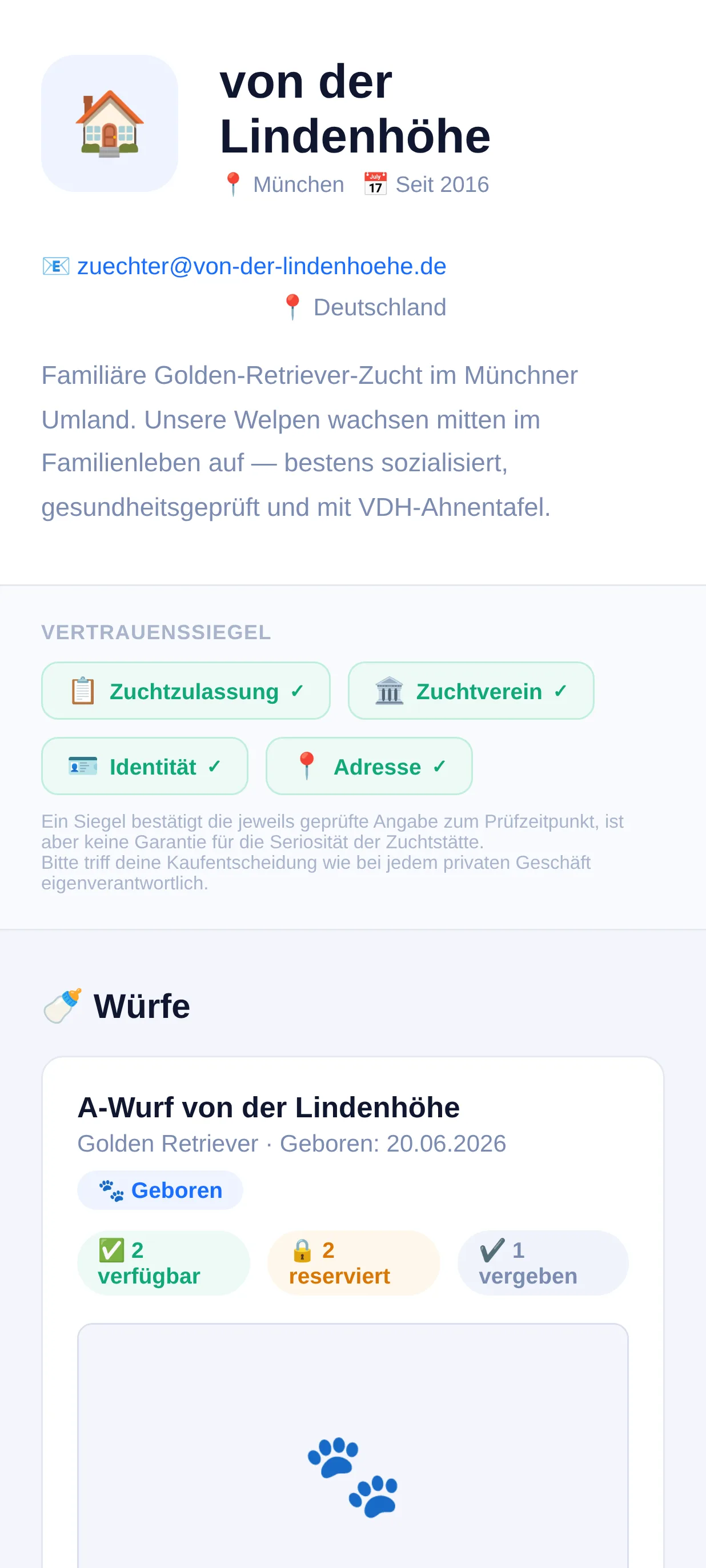 Öffentliches Züchterprofil mit Wurf-Ankündigung