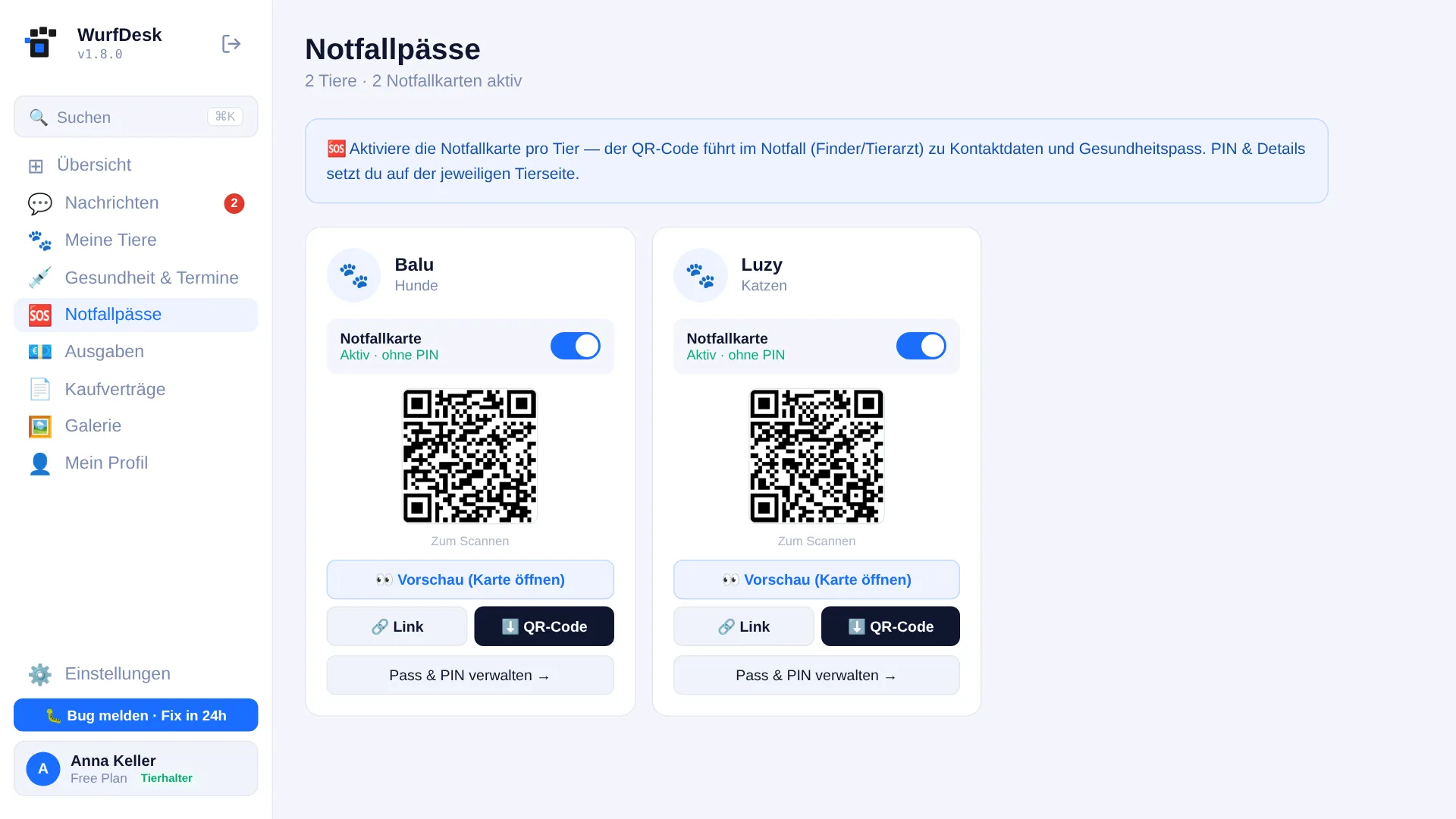 Notfallpässe mit aktivierten Notfallkarten und QR-Codes für Hund und Katze